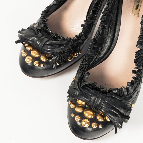 Miu Miu Black Leather Fringe-Trim Studded Bow Heels - Picture 6 of 8